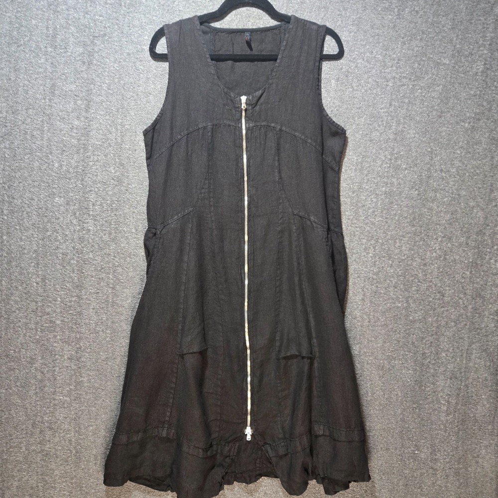 INIZIO (OIZINI) Italy Designer Linen Dress Black Zipper Pockets Boho XL
